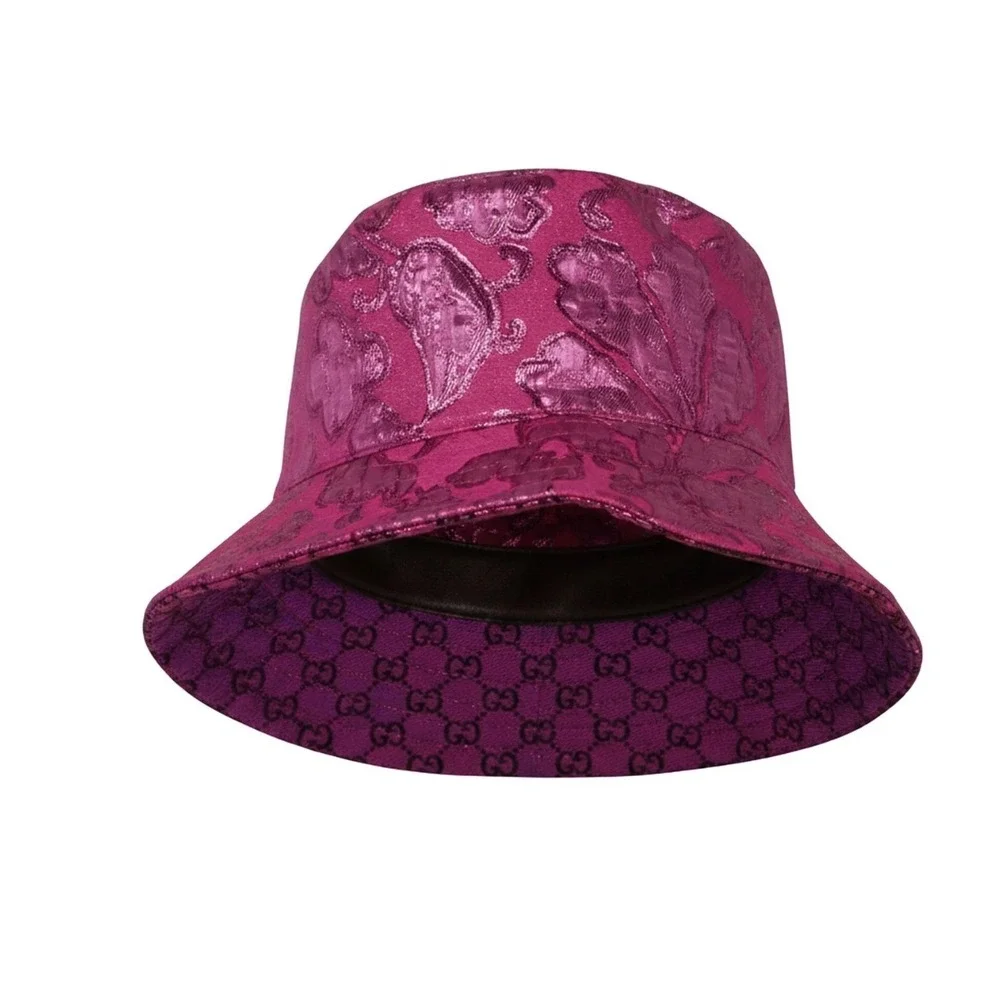 Gucci Reversible Bucket Hat Fuchsia Pink Metallic GG Monogram Floral 697361 M